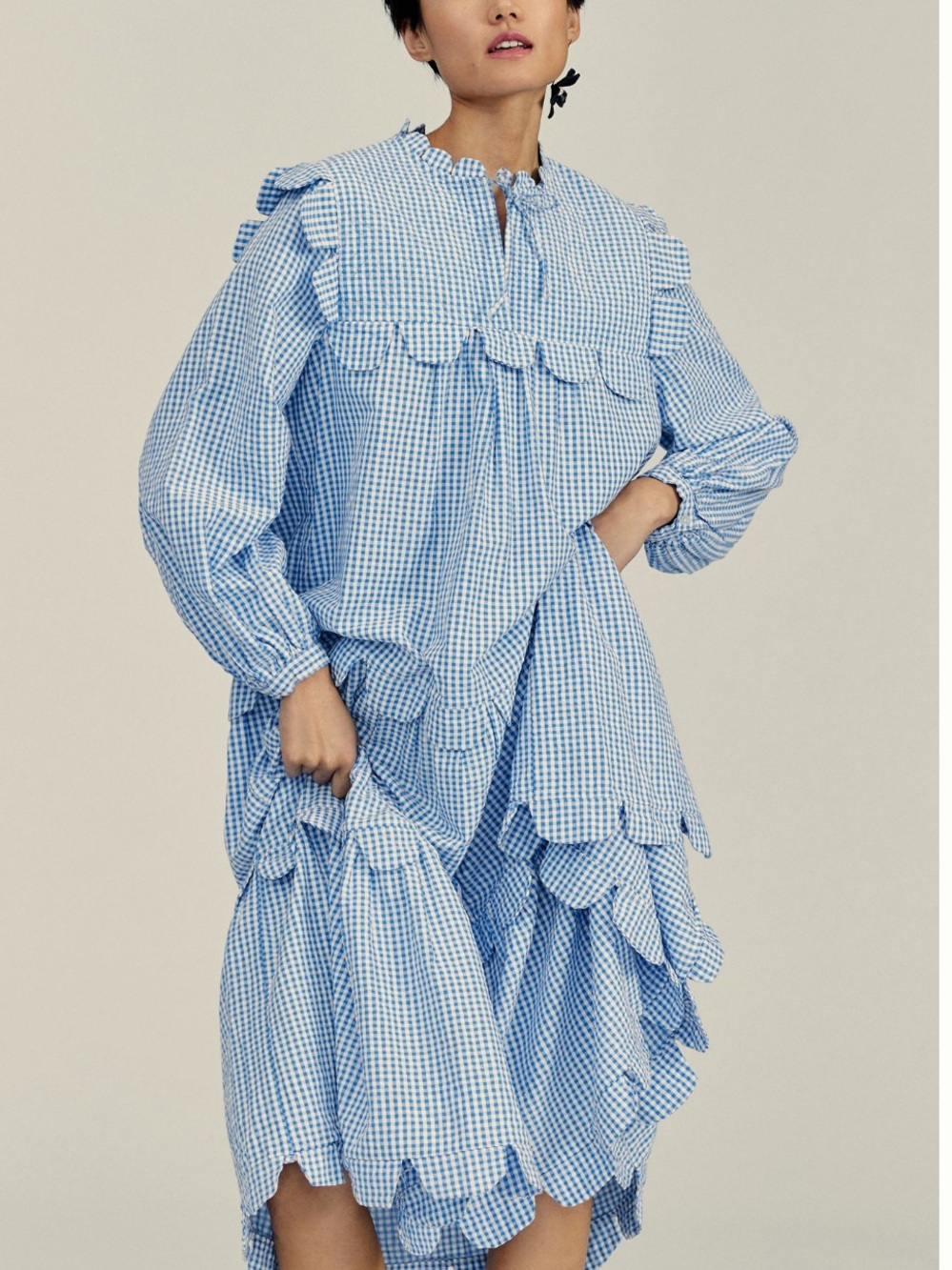 Stella Nova Loan Tiered Gingham Ruffle Dress in Blue & White